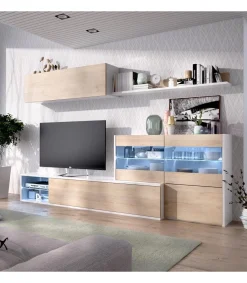 Mueble salón Espeluy flexible en blanco/natural con leds 260 cm(ancho), 41 cm(largo)