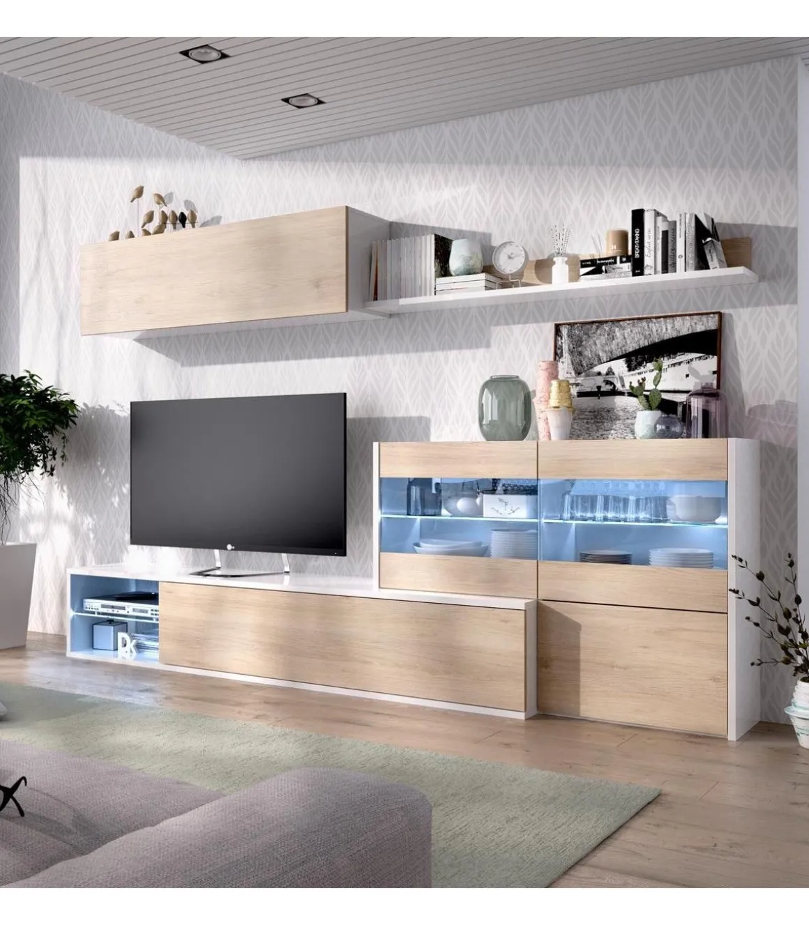 Mueble salón Espeluy flexible en blanco/natural con leds 260 cm(ancho), 41 cm(largo)