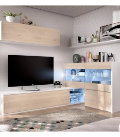 Mueble salón Espeluy flexible en blanco/natural con leds 260 cm(ancho), 41 cm(largo)