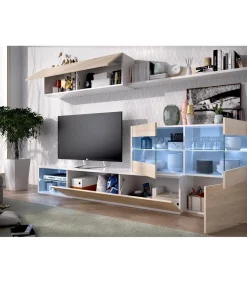 Mueble salón Espeluy flexible en blanco/natural con leds 260 cm(ancho), 41 cm(largo)
