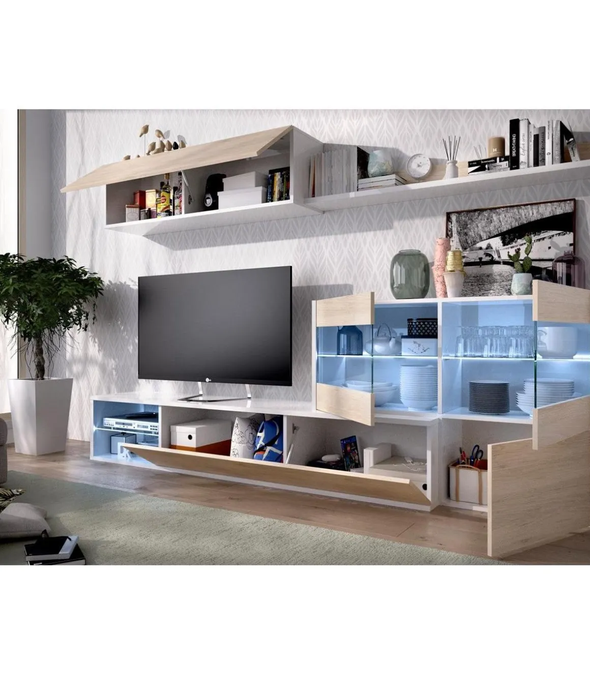 Mueble salón Espeluy flexible en blanco/natural con leds 260 cm(ancho), 41 cm(largo)