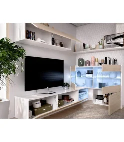 Mueble salón Espeluy flexible en blanco/natural con leds 260 cm(ancho), 41 cm(largo)