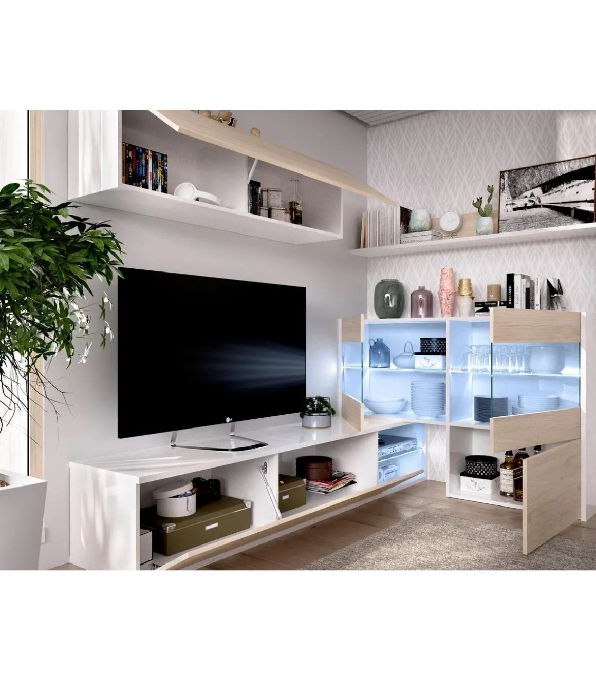 Mueble salón Espeluy flexible en blanco/natural con leds 260 cm(ancho), 41 cm(largo)