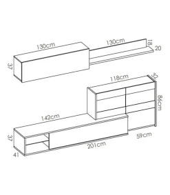 Mueble salón Espeluy flexible en blanco/natural con leds 260 cm(ancho), 41 cm(largo)