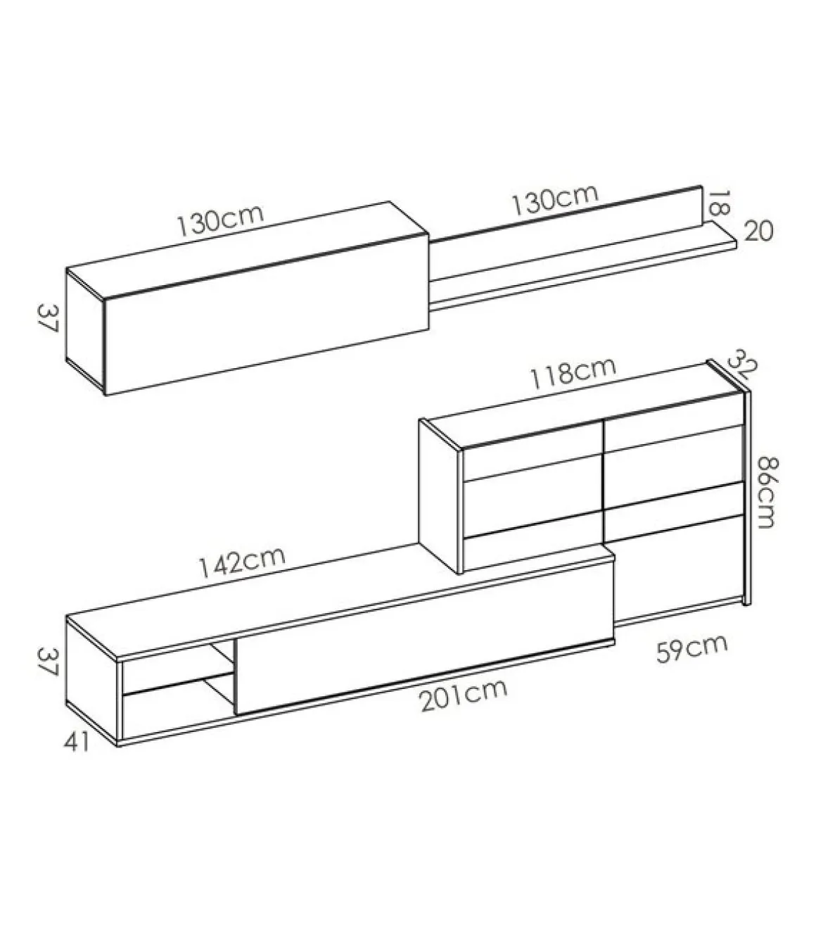 Mueble salón Espeluy flexible en blanco/natural con leds 260 cm(ancho), 41 cm(largo)