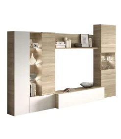 Mueble salon Macael en roble canadian y blanco brillo con led 185 cm(alto)260 cm(ancho)42 cm(largo)