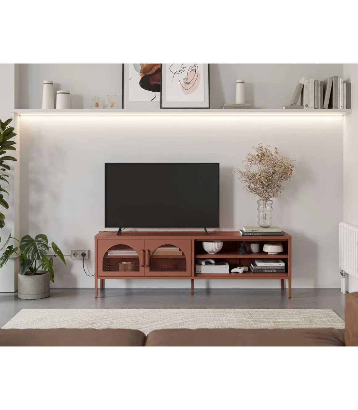 Mueble televisión modelo Dora 2 puertas acabado metal terracota, 160cm(ancho) 50cm(alto) 35cm (largo)