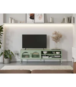 Mueble televisión modelo Dora 2 puertas acabado metal verde menta, 160cm(ancho) 50cm(alto) 35cm (largo)