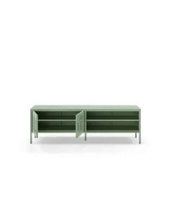 Mueble televisión modelo Dora 2 puertas acabado metal verde menta, 160cm(ancho) 50cm(alto) 35cm (largo)