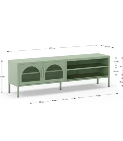 Mueble televisión modelo Dora 2 puertas acabado metal verde menta, 160cm(ancho) 50cm(alto) 35cm (largo)