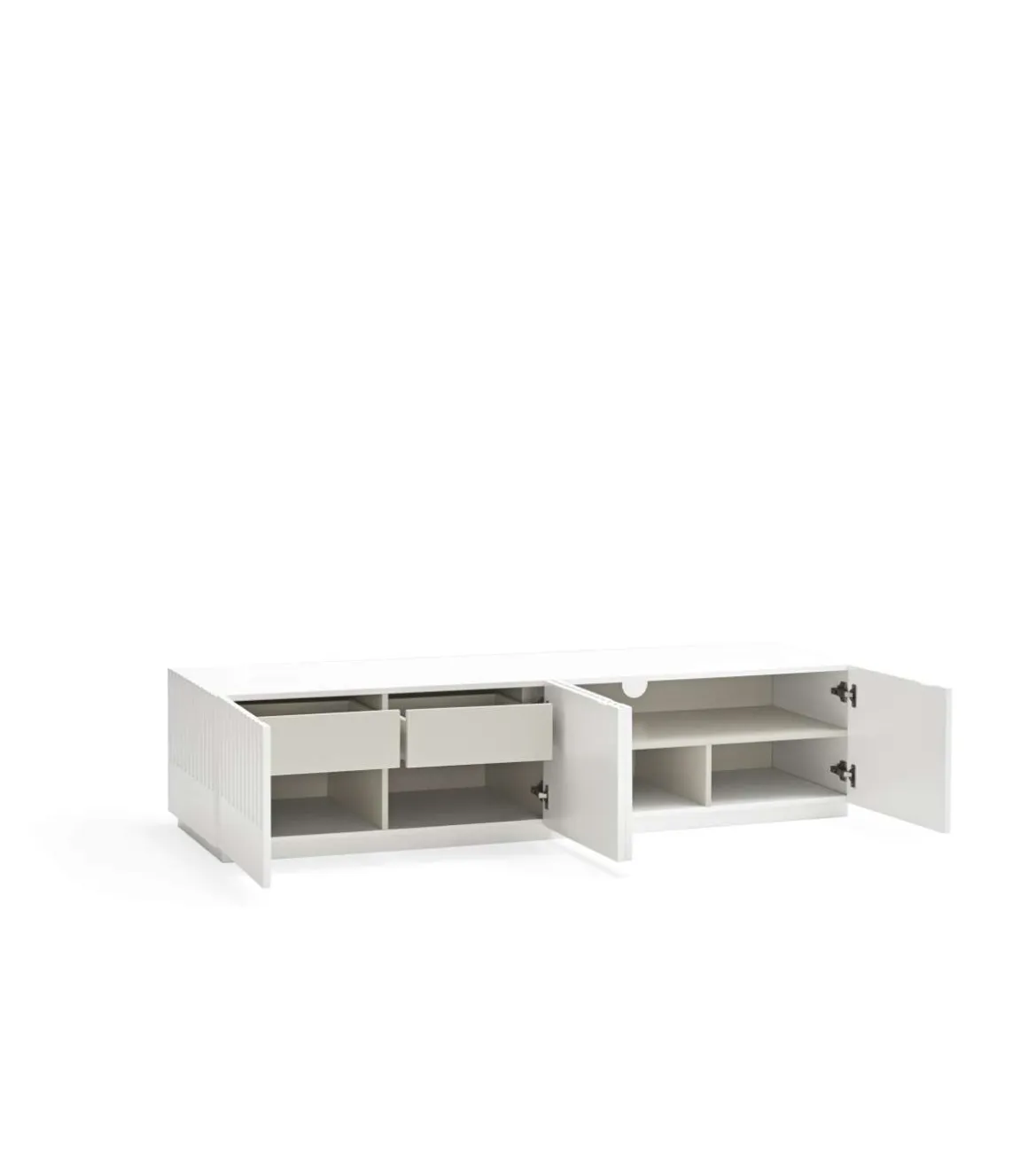 Mueble televisión modelo Doric 4 puertas 2 cajones interiores acabado blanco, 46cm(ancho) 42cm(alto) 180cm (largo)