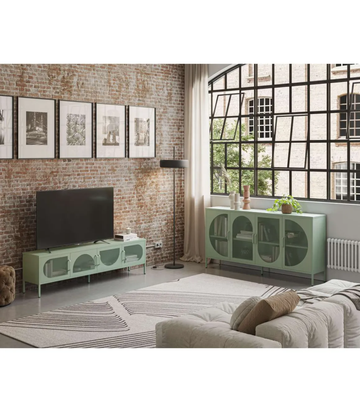 Mueble televisión modelo Toledo 4 puertas acabado metal verde menta, 180cm(ancho) 50cm(alto) 35cm (largo)