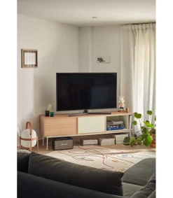 Mueble televisión modelo Yoko 1 puerta 2 cajones acabado roble/crema, 40cm(ancho) 58cm(alto) 180cm (largo)
