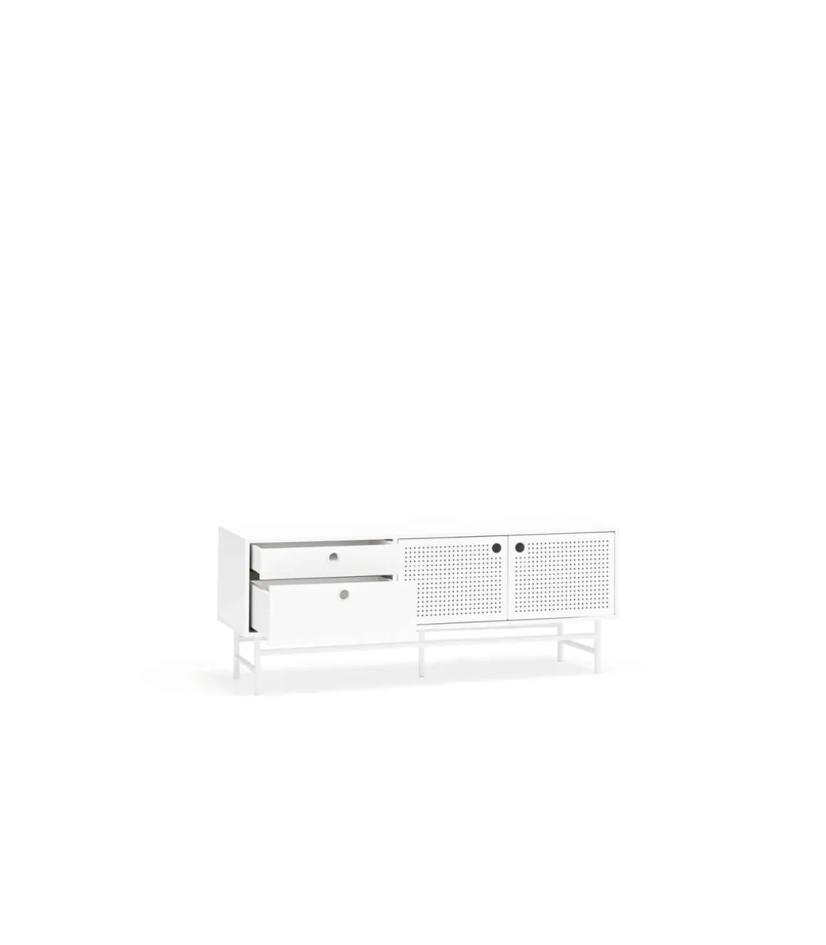 Mueble televisión para comedor modelo Punto 2 puertas 2 cajones acabado blanco, 140cm(ancho) 52cm(alto) 40cm (largo)