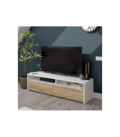 Mueble TV modelo Marisa en roble canadian y blanco Artik. 130 cm (Ancho) x 3 cm (Alto) x 40 cm (Fondo)