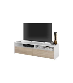 Mueble TV modelo Marisa en roble canadian y blanco Artik. 130 cm (Ancho) x 3 cm (Alto) x 40 cm (Fondo)