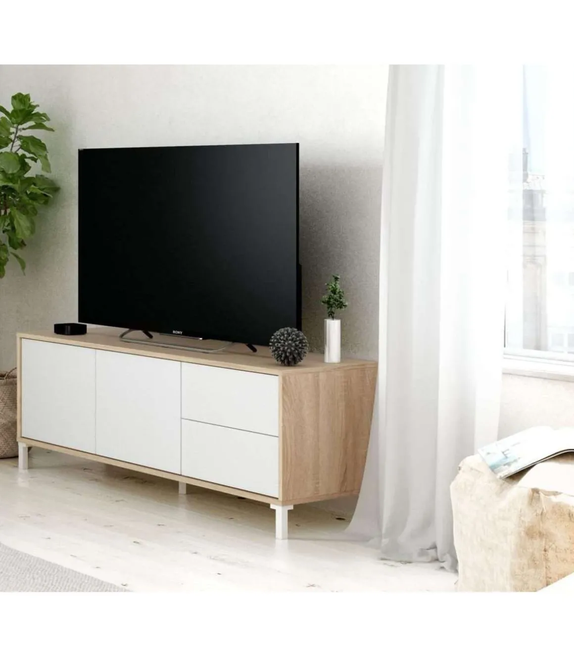 Mueble TV modelo Nabur en roble Canadian y blanco Artik, 130 cm (Ancho) x 47 cm (Alto) x 41 cm (Fondo)