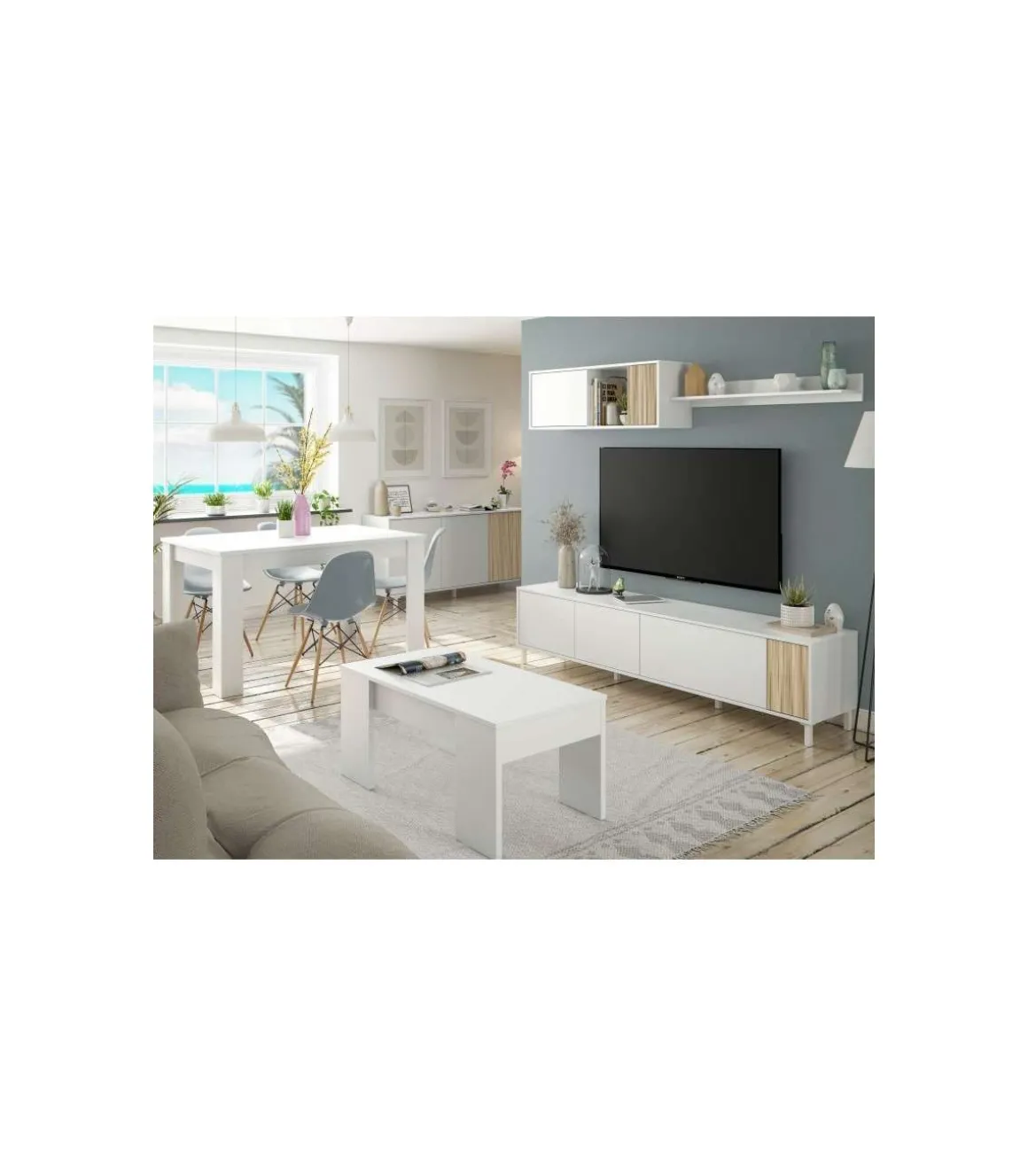 Mueble TV modelo Tempo en natur/blanco. 200 cm (Ancho) x 47 cm (Alto) x 40 cm (Fondo)