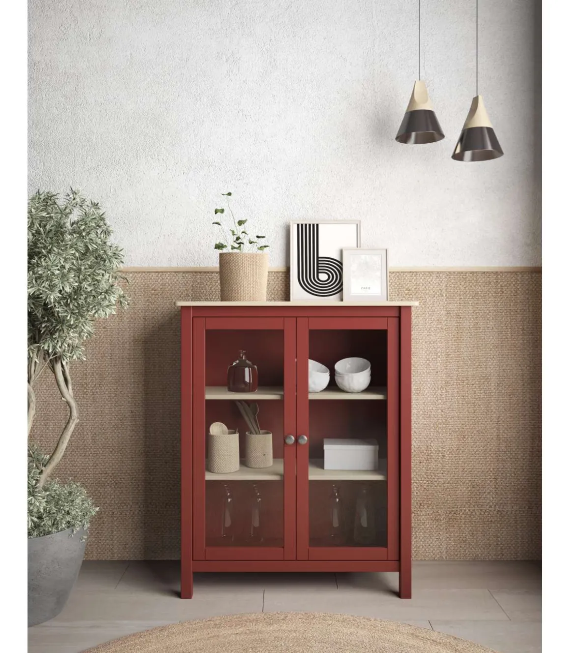 Mueble vitrina para comedor modelo Miguel 2 puertas acabado burdeos/roble, 40cm(fondo) 110cm(alto) 90cm (ancho).