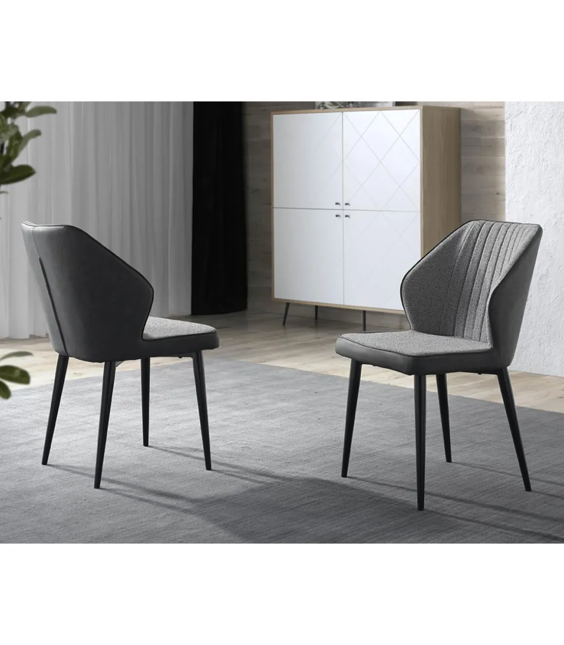 Pack de 4 sillas modelo SARAY acabado tela gris y ecopiel gris oscuro, 49 x 61 x 84 cm (largo x ancho x alto)