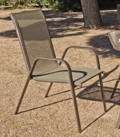 Pack de 4 sillones acero/textilen Macao-3 apilables bronce. 94 cm(alto) 54 cm(ancho)84 cm(fondo)