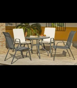 Pack de 2 sillones apilables terraza jardín Sulam-3 acero /textilen gris antracita, 94cm(alto) 54cm(ancho) 84cm(fondo)