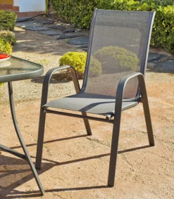 Pack de 4 sillones apilables terraza jardín Sulam-3 acero /textilen gris antracita, 94cm(alto) 54cm(ancho) 84cm(fondo)