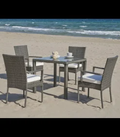 Pack de 4 sillones huitex apilables con cojines Mali acabado ratan sintetico gris, 90cm(alto) 55cm(ancho) 55cm(fondo)