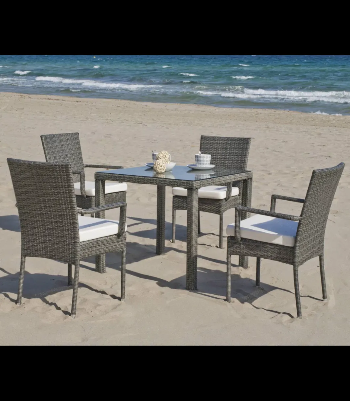 Pack de 4 sillones huitex apilables con cojines Mali acabado ratan sintetico gris, 90cm(alto) 55cm(ancho) 55cm(fondo)