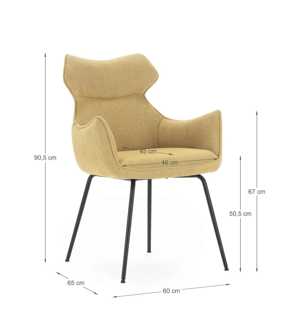 Pack de 2 sillones modelo Dimitri tapizado textil mostaza, 90cm(alto) 60cm(ancho) 65cm(largo)