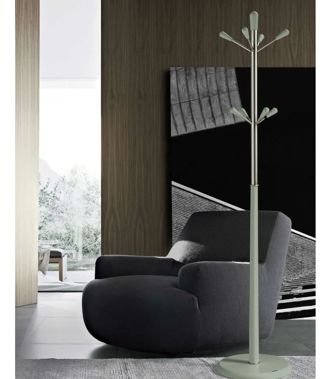 Perchero moderno mod. 414 herrajes cromo satinado lacado verde, 180 cm(alto)37 cm(ancho)37 cm(largo)