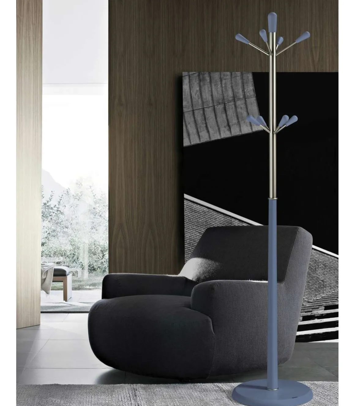 Perchero moderno mod. 414 herrajes cromo satinado lacado azul, 180 cm(alto)37 cm(ancho)37 cm(largo)