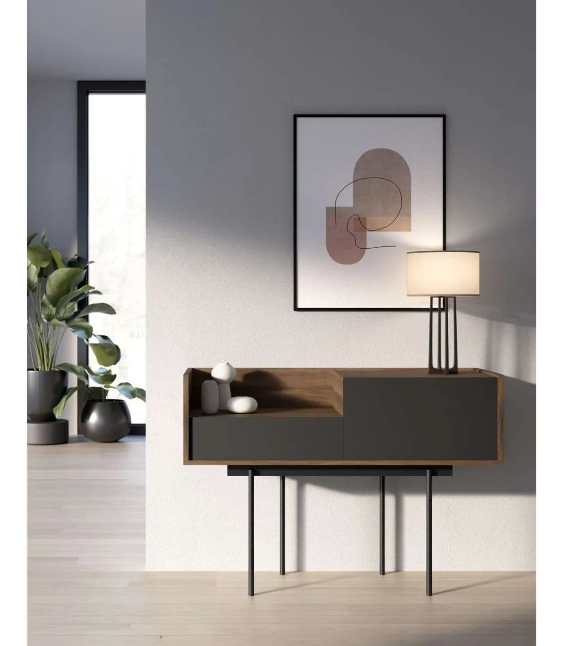 Recibidor modelo 673 acabado nogal combinado con grafito, 84cm(alto) 122cm(ancho) 42cm(prof.)