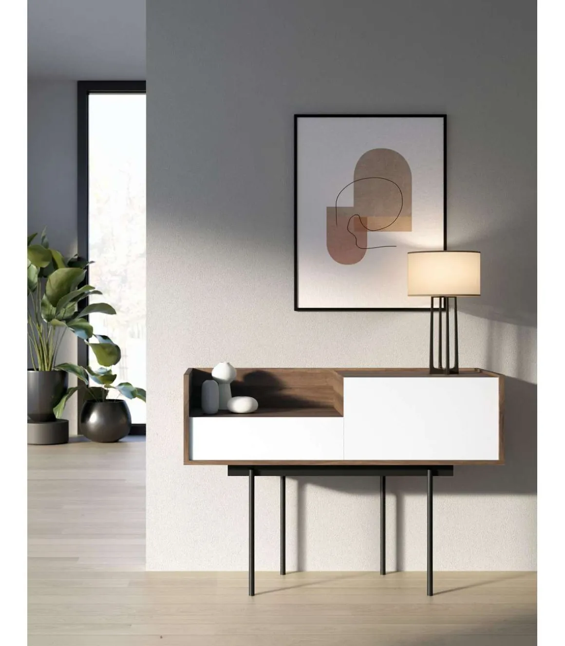 Recibidor modelo 673 acabado nogal combinado con blanco, 84cm(alto) 122cm(ancho) 42cm(prof.)