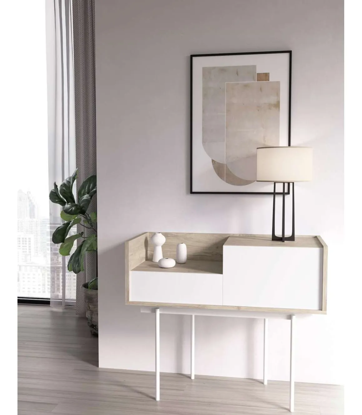 Recibidor modelo 671 acabado roble combinado con blanco, 84cm(alto) 98cm(ancho) 31cm(prof.)