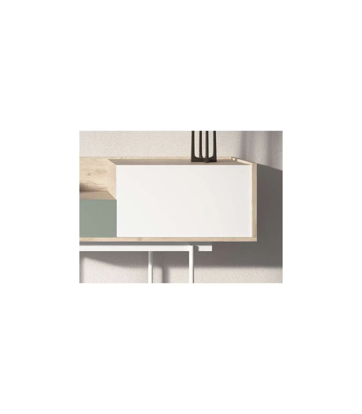 Recibidor modelo 673 acabado roble combinado con verde y blanco, 84cm(alto) 122cm(ancho) 42cm(prof.)