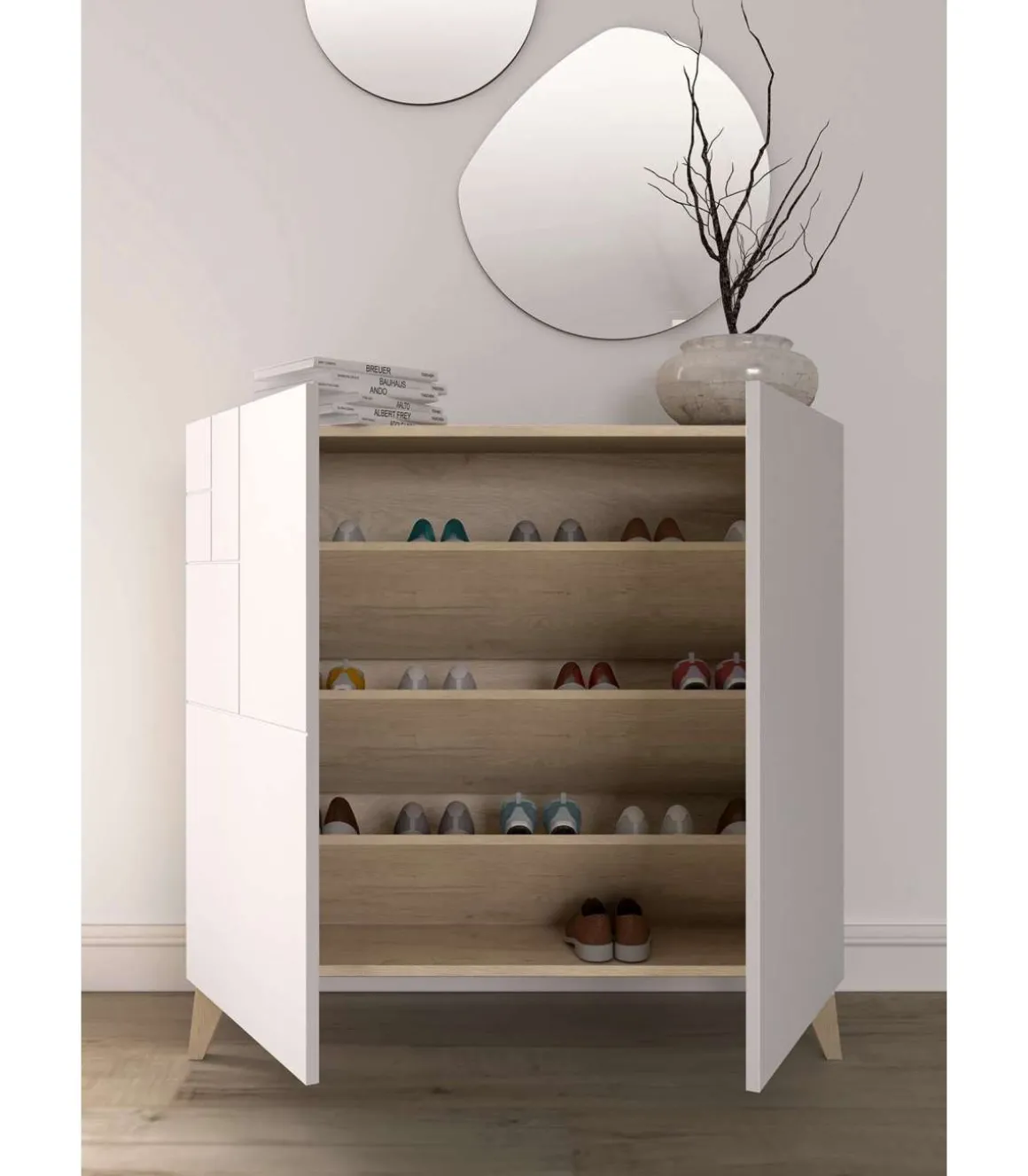 Recibidor zapatero modelo 512 acabado roble claro/blanco, 90x90x27 (alto x ancho x fondo)