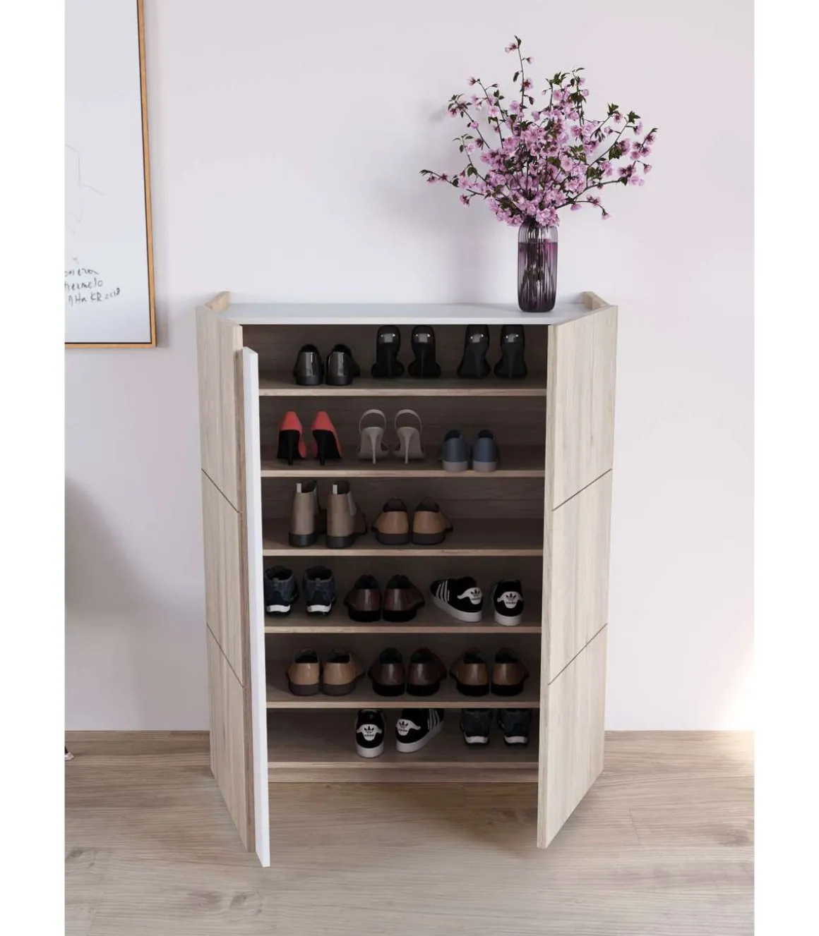 Recibidor zapatero modelo 517 acabado roble claro/blanco, 122 x 95 x 35 (alto x ancho x fondo)