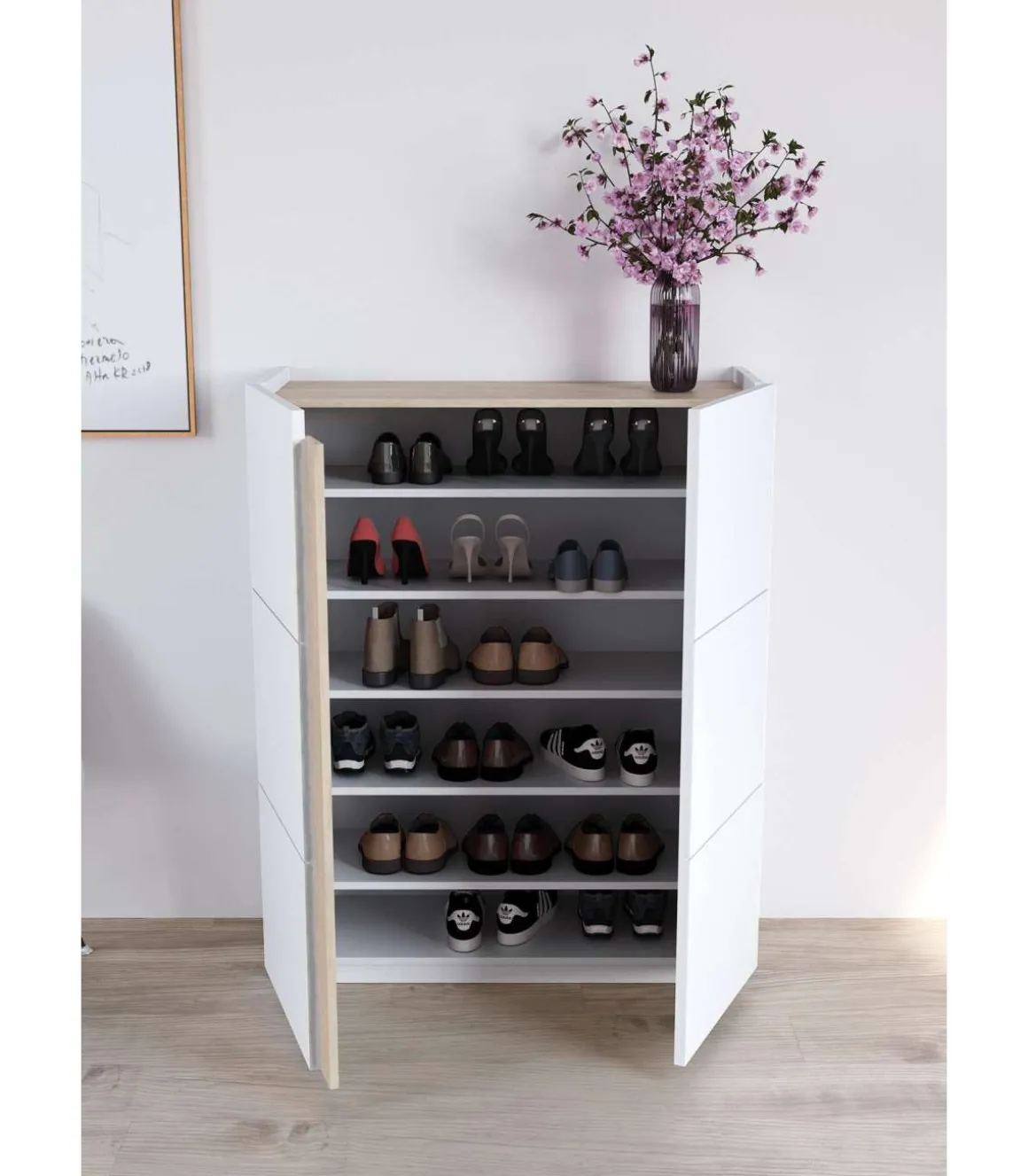 Recibidor zapatero modelo 517 acabado blanco/roble claro, 122 x 95 x 35 (alto x ancho x fondo)