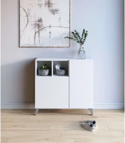 Recibidor zapatero 2 puertas en blanco patas en gris. 87 cm (alto) x 90 cm (ancho) x 27 cm (prof.)