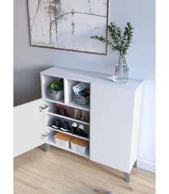 Recibidor zapatero 2 puertas en blanco patas en gris. 87 cm (alto) x 90 cm (ancho) x 27 cm (prof.)