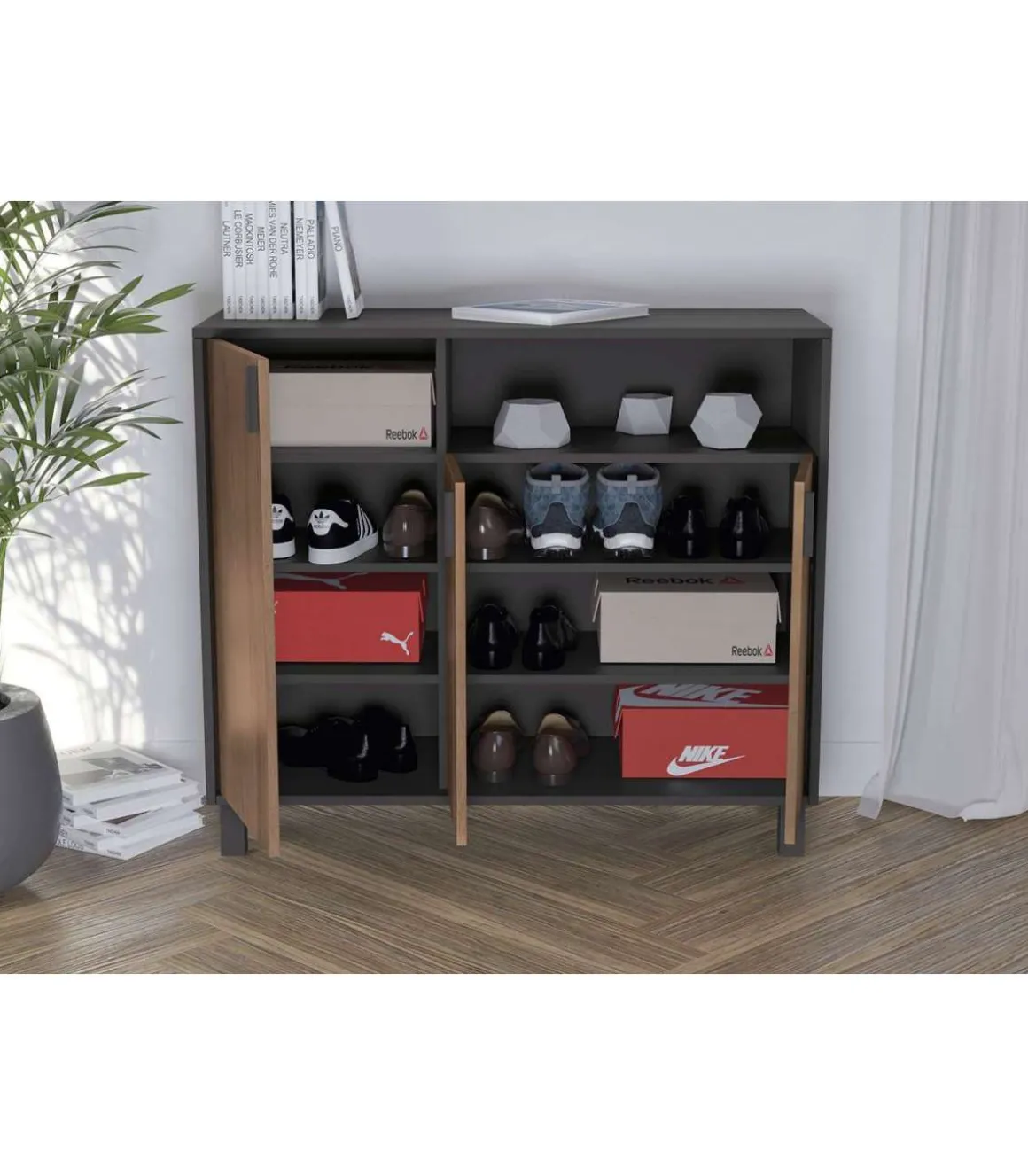Recibidor zapatero 3 puertas Modelo 520 acabado grafito/nogal claro. 88 cm (alto) x 100 cm (ancho) x 37 cm (prof.)