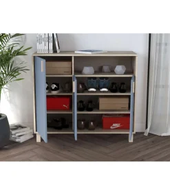 Recibidor zapatero 3 puertas Modelo 520 acabado roble claro/azul. 88 cm (alto) x 100 cm (ancho) x 37 cm (prof.)