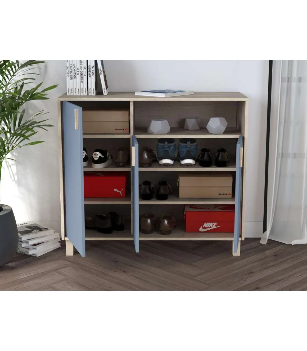 Recibidor zapatero 3 puertas Modelo 520 acabado roble claro/azul. 88 cm (alto) x 100 cm (ancho) x 37 cm (prof.)