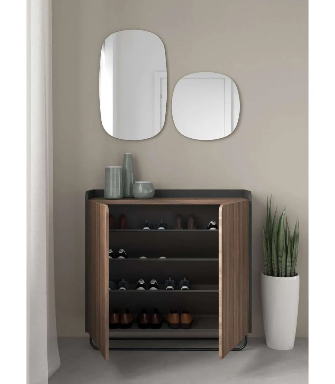 Recibidor zapatero 2 puertas modelo 526 acabado grafito/nogal claro, 87 cm (alto) x 90 cm (ancho) x 25.5 cm (prof.)