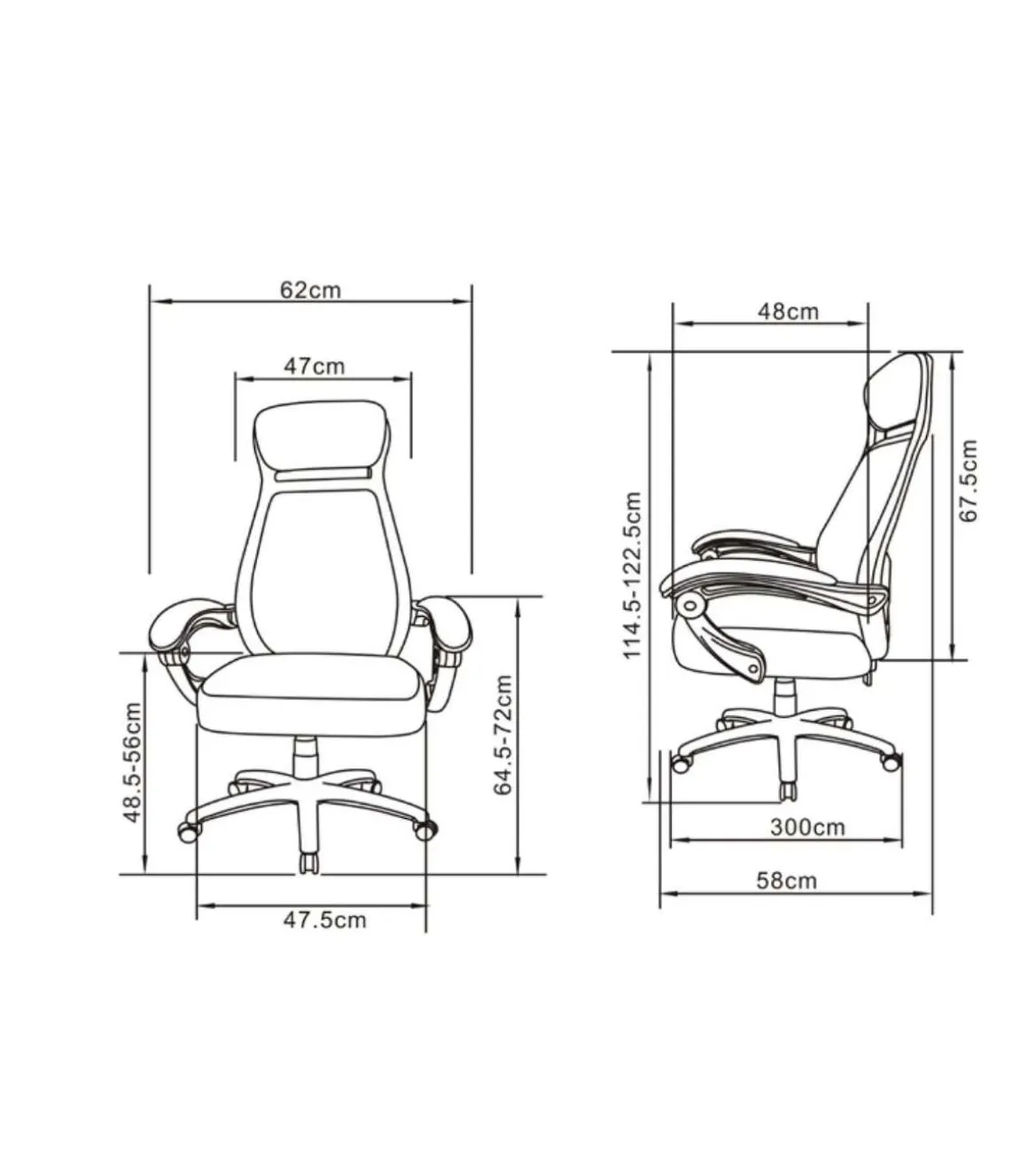 Silla de oficina Erika en negro. Alto: 114,5-122,5, Ancho: 62, Fondo: 58.