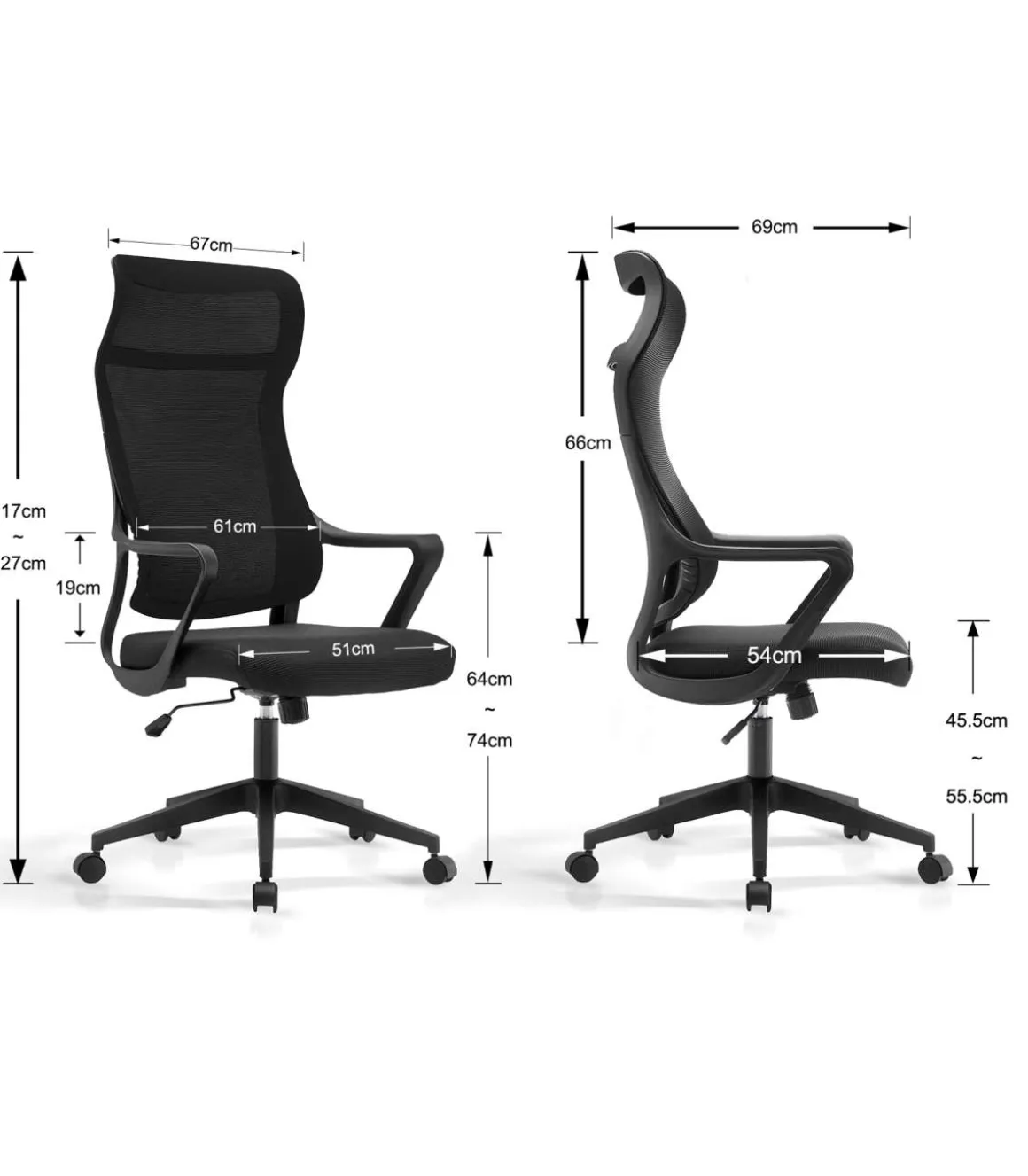 Silla despacho giratoria elevable con reposacabezas acabado negro, 67m(ancho) 117/127cm(altura) 69cm(fondo)