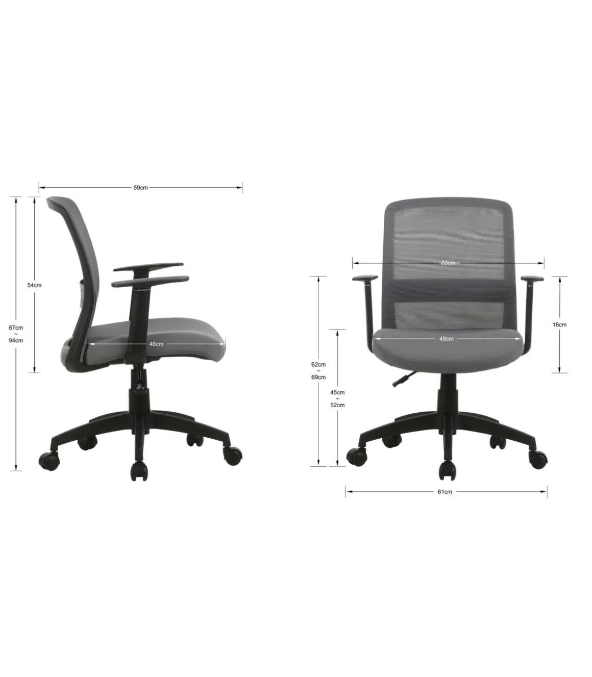 Silla despacho giratoria elevable acabado gris, 61m(ancho) 87/94cm(altura) 59cm(fondo)