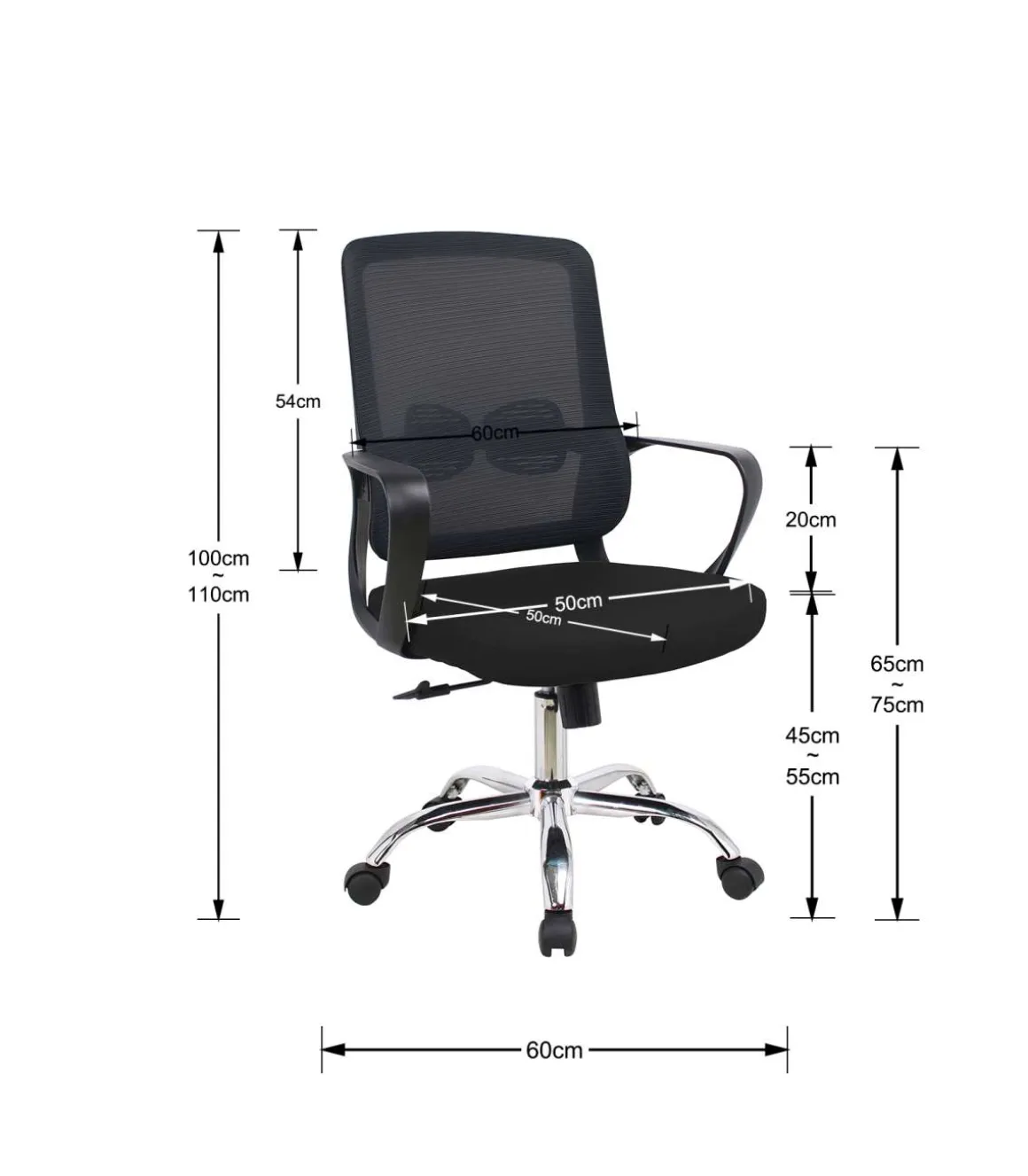 Silla despacho giratoria elevable acabado negro, 60m(ancho) 100/110cm(altura) 61cm(fondo)