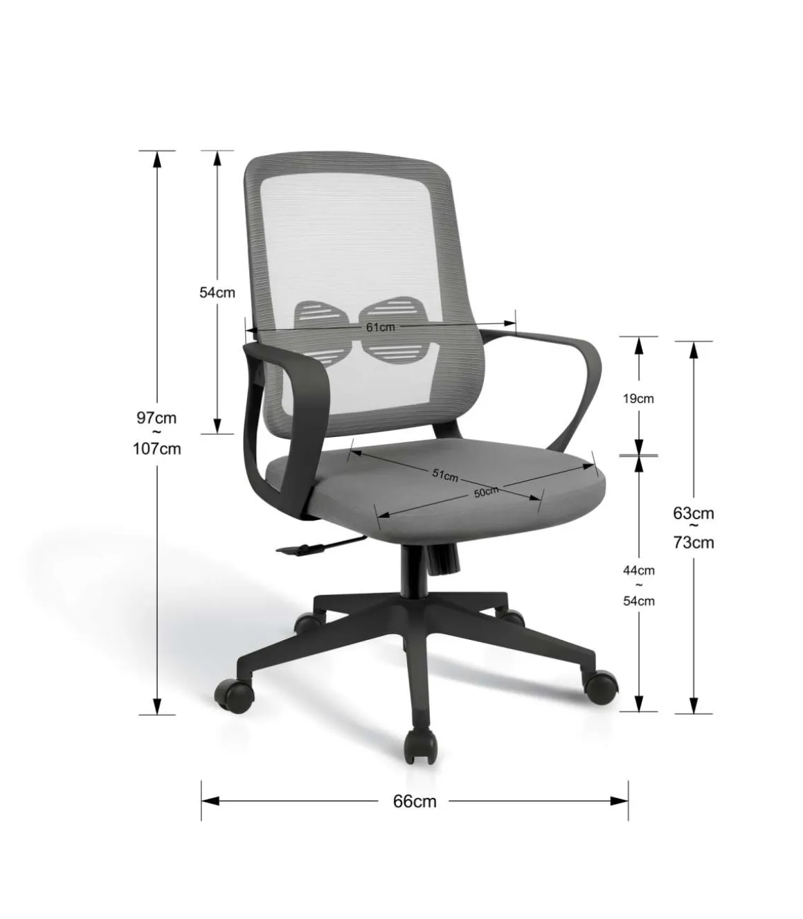Silla despacho giratoria elevable acabado gris/negro, 66m(ancho) 97/105cm(altura) 61cm(fondo)